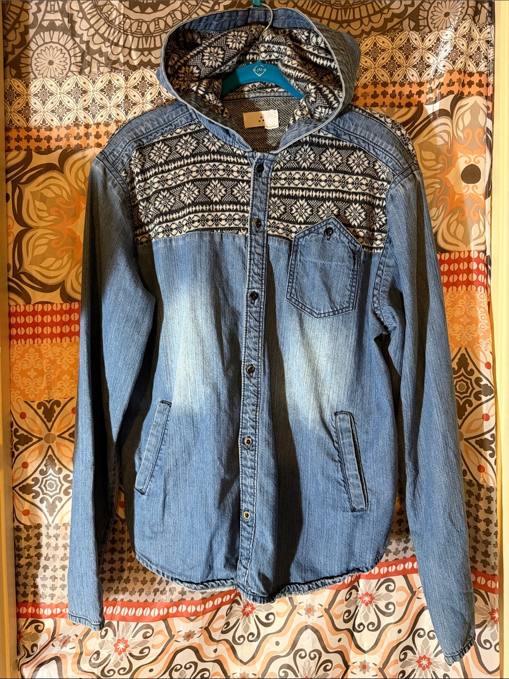 Denim Jacket Hoodie W/ Black & White Knit- ZAK - size L - I’m listing as UNISEX